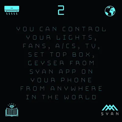 From the SYAN app on your phone, you can control your lights, fans, ACs, TV, set-top box, and geyser from anywhere in the world.