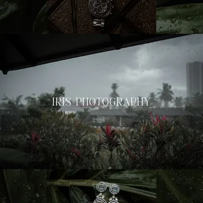 I focus on the mood and details that make your day special. This includes artistic shots of accessories like the groom's watch and the bride's earrings, set against a moody, atmospheric backdrop.