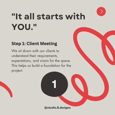 Step 1: It all starts with you. We sit down for a client meeting to understand your requirements, expectations, and vision for the space, building a strong foundation for the project.