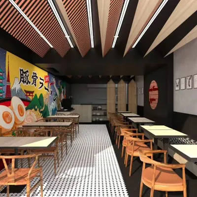 A full view of the Japanese restaurant interior, showing the striking contrast between the colorful, graphic mural on one side and the serene, minimalist seating arrangement on the other.