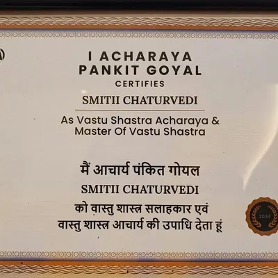 This certificate, naming me a Vastu Shastra Acharya and Master of Vastu Shastra, is a symbol of my dedication. It is my qualification to guide you in correcting your home's energy with authentic and effective Vastu principles.