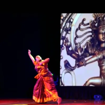 A powerful moment from a classical stage performance. Dressed in traditional attire, this pose captures the essence of Bharathanatyam, where every movement tells a story. We guide our students to master both the form and the expression.