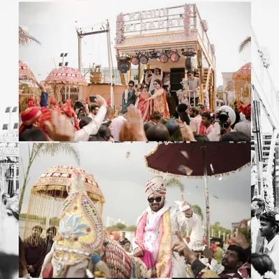 This collage captures the full energy of the Baraat. From the groom's grand entrance on a horse to the guests dancing with abandon, it’s a snapshot of a wild and joyous procession.