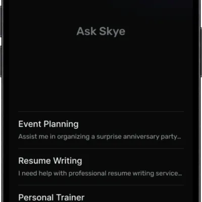 the starting point of a conversational ui. this 'ask skye' screen prompts the user with suggestions like event planning or resume writing, guiding them into a natural language search to find services.