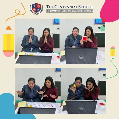 Our teachers leading an engaging online session. We use colorful props and expressive gestures to teach shapes and concepts, ensuring our virtual classes are just as dynamic as our in-person ones.