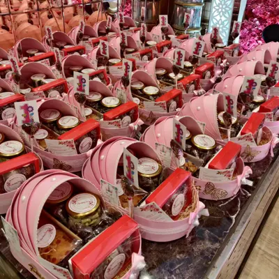 This large display of pink cradle hampers was for a grand first birthday party. These are one of my most premium offerings, filled with high-quality treats and personalized for the birthday girl.