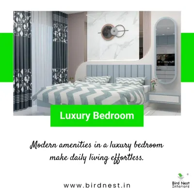 A luxury bedroom design where we paired a stylish upholstered bed with a sleek, wall-mounted dressing table and mirror. The focus is on modern comfort and effortless style.