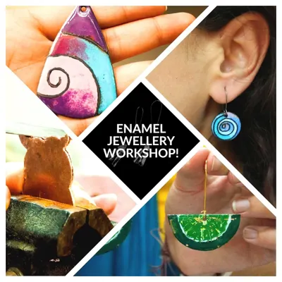A collage showcasing the beautiful and unique pieces you can create in our Enamel Jewellery Workshop, from pendants to earrings.