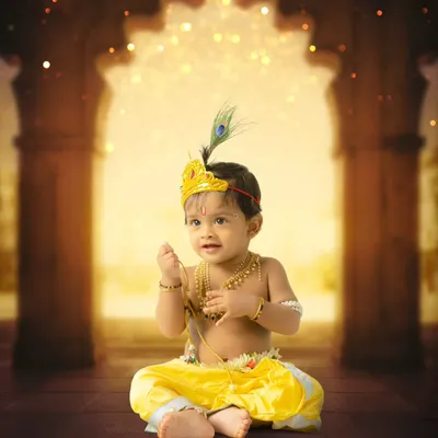 A beautifully composed portrait of a baby boy dressed as little Krishna, sitting in a divine, temple-like setting with a soft, magical glow.