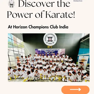 Discover the power of karate at Horizon Champions Club. This graphic provides an overview of our classes for kids aged 4 to 14, with multiple locations and a free trial available.