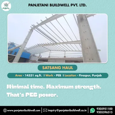 A look at the PEB framework for the 14,531 sq. ft. Satsang Haul in Firozpur, Punjab. This project demonstrates our principle of minimal time for maximum strength, a core benefit of PEB power.