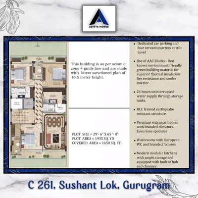 This is the detailed floor plan for our C-261 project in Sushant Lok. It shows a spacious layout with well-defined living areas, bedrooms, and amenities, covering a plot area of 1935 sq. yd.