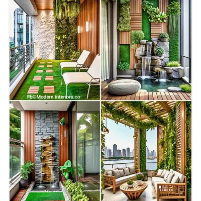 This collection of four designs showcases the versatility of balconies. It includes ideas for water features, different seating arrangements, and various styles of vertical gardens, offering a broad spectrum of inspiration.