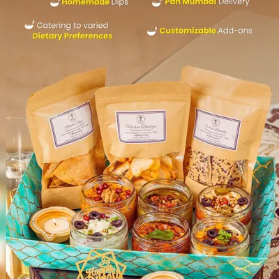 This is Diwali gifting, reimagined. Our premium hamper is packed with over nine healthy, homemade dips, customisable add-ons, and crackers, all delivered across Mumbai. Perfect for bulk and corporate orders.