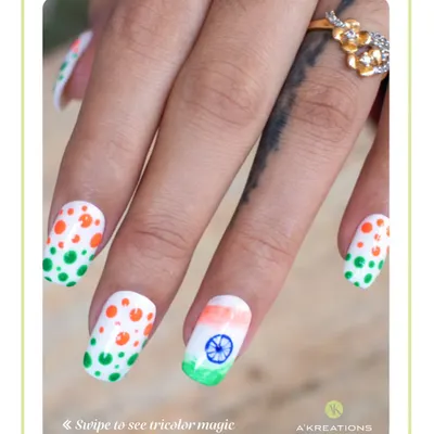 A creative take on patriotic nail art, this design features the Indian flag colors in a fun polka dot pattern alongside a painted flag accent nail.