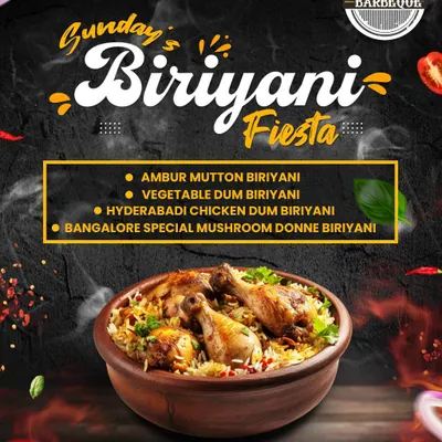Our Sunday Biryani Fiesta is a weekly highlight. This poster showcases a steaming hot pot of chicken biryani, promising a flavorful feast with varieties like Ambur Mutton Biriyani and Bangalore Special Mushroom Donne Biriyani.