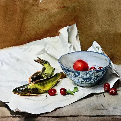 A watercolor demonstration from my one-month course. This still life balances the textures of fish, cherries, porcelain, and paper, teaching students how to render different surfaces.