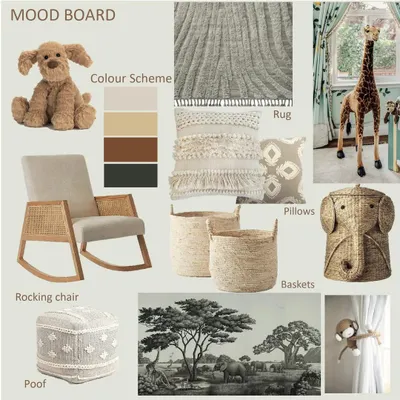 This is the mood board I created for the safari-themed nursery. It helps to visualize how the colors, textures, furniture, and decor will all come together to create a cohesive and beautiful space.