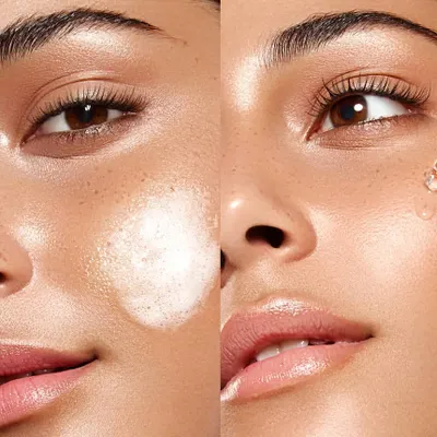 A diptych of macro skincare shots demonstrating product application. The left side shows a foaming cleanser texture, while the right shows a serum being dropped onto the skin, both highlighting the product's sensory qualities.