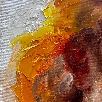 A macro detail of the thick, textured oil paint from my "WARM" series. You can see how the colors are layered and blended directly on the linen canvas with a palette knife to create a sense of warmth and light.