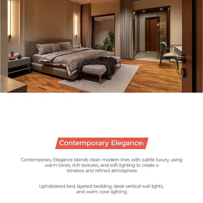 We believe in creating spaces that feel timeless. This example of Contemporary Elegance uses warm tones, rich textures, and soft, layered lighting to create a bedroom that is both modern and incredibly inviting.