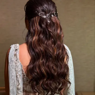 A closer look at the celestial-themed hairstyle. The delicate moon and star pins are scattered artfully to create a magical, starry-night effect in her hair.