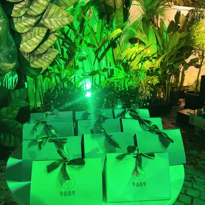 Setting the scene for the grand launch of 9889 Garden Bar & Kitchen. These elegant welcome hampers, with custom branding and green satin ribbons, were ready to greet guests.