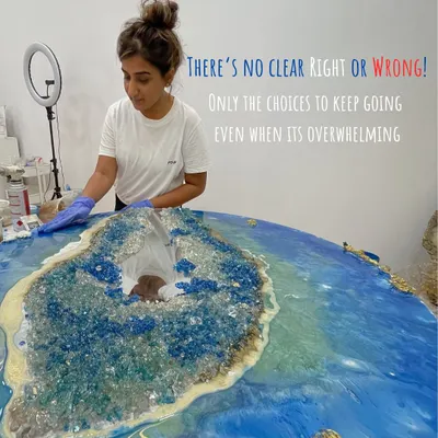 This large, ocean-inspired geode table is a perfect example of how I build my pieces layer by layer. There's no clear right or wrong in art, only the choice to keep going. This piece required patience and trust in the process to achieve the final stunning result.