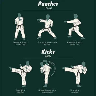 This chart shows the basic punches (Tsuki) and kicks (Geri) that form the foundation of our striking techniques. We practice these every day.