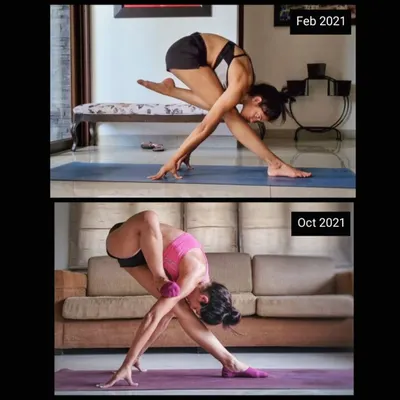 This before and after of Fallen Flamingo pose shows the progress in my hip mobility from February to October 2021. My hips were once my tightest area, proving that diligent, conscious practice can create incredible openings.