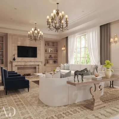 This living room blends timeless classical aesthetics with subtle contemporary comfort. The space feels warm and luxurious, with beautifully paneled walls, a stately marble fireplace, and soft neutral furnishings balanced by deep navy accents.