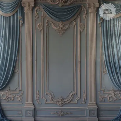 This elegant, European-style wall with blue drapes is one of my most popular backdrops for classic family and maternity portraits.