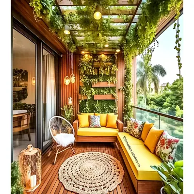 A lush and vibrant balcony designed as a green oasis. This makeover features custom wooden sofas with bright yellow cushions, a vertical garden wall, and a canopy of hanging plants, creating a perfect urban jungle.