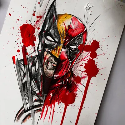 The final version of my Deadpool and Wolverine mashup. The blood splatter effect, created with red ink, adds a dynamic and chaotic energy that fits the characters perfectly.