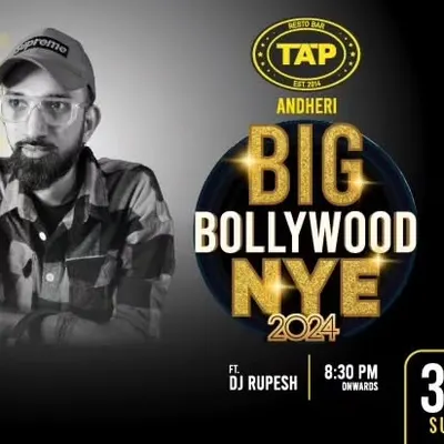 The official poster for the 'Big Bollywood NYE 2024' event at TAP Andheri. I was thrilled to be the featured DJ for such a major celebration.