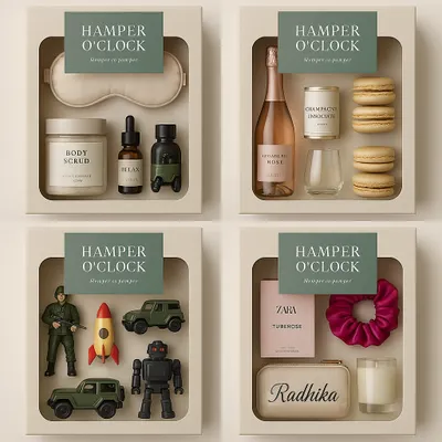 I love exploring different vibes for different occasions! This AI-generated image shows four distinct hamper themes: a spa and relaxation box, a celebration box with champagne, a fun box for kids, and a personalized pamper kit.