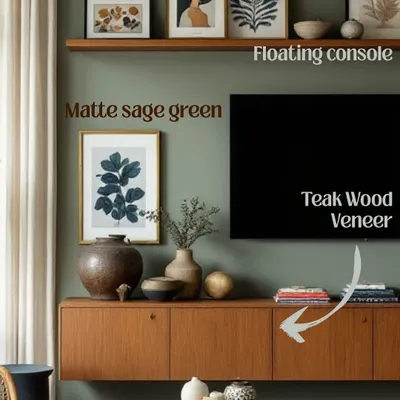 The details make the design. Here, a matte sage green wall, teak wood veneer console, and curated art come together to create a living room that is subtle yet stunning.