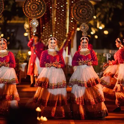 A beautifully choreographed welcome for the groom, with dancers in traditional attire creating a royal and festive atmosphere for his Sangeet entry.
