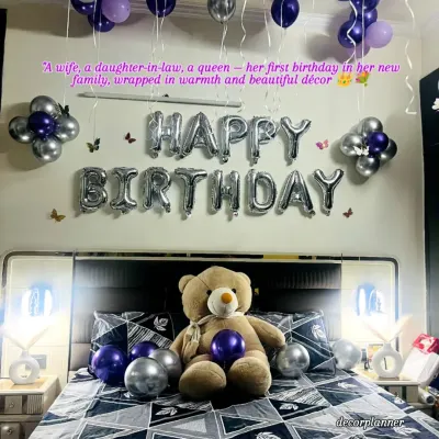 A first birthday in a new home is such a special milestone. I designed this cozy and loving surprise for a wife's first birthday at her sasural, using her favorite colors and a cute teddy bear to make her feel cherished and welcomed.