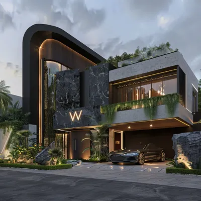 This facade is a statement in modern luxury, blending the raw texture of stone and the warmth of wood with audacious, clean lines. The strategic lighting highlights its bold silhouette, creating a captivating presence that redefines residential architecture.