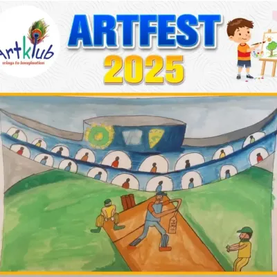 A classic cricket scene brought to life by one of our young artists for the Artfest 2025 competition. The drawing captures the action on the pitch with the batsman in full swing and fielders ready.