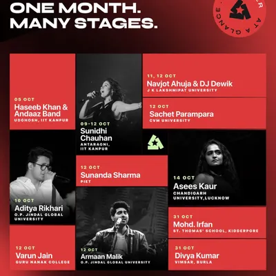 A look back at our packed schedule in October, featuring artists like Sunidhi Chauhan, Armaan Malik, and Asees Kaur across multiple university festivals.