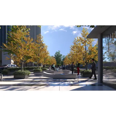 This corporate plaza design features tree-lined avenues and sculptural benches, creating a welcoming and professional atmosphere for employees and visitors during the day.