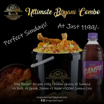 My Ultimate Biryani Combo, perfect for your Sundays. For just 1199, you get a 3kg Bucket Biryani, 1kg Chicken Gravy, samosas, rolls, gulab jamun, naan, and a Campa Cola. It's a full meal deal for the entire family.