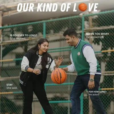 A fun, dynamic shot of a couple on a basketball court. This image captures their playful energy and tells a story of love as a fun game they're winning together.