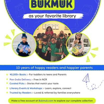 This graphic summarizes what Bukmuk Library is all about: 10 years of happy readers, a collection of over 40,000 books, and hassle-free pan-India delivery. We make it simple for families everywhere to raise a reader.