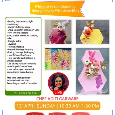 Create gravity-defying cakes with my whipped cream standing hexagon cake workshop. I'll teach you how to build a stable structure, achieve sharp edges, and use stenciling techniques for a flawless, modern finish.