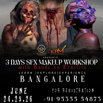 This is the official poster for my 3-day intensive SFX Makeup Workshop in Bangalore. It gives you a glimpse of the advanced horror, injury, and character makeup we cover.