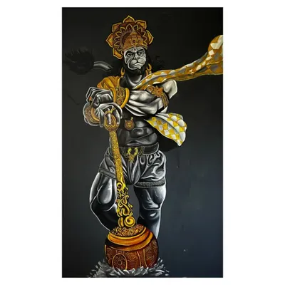 The complete 5x10ft Hanuman mural, showing his full form. I designed this piece to be both powerful and graceful, with his mace grounded and his body poised for action. The flowing cloth adds a sense of movement against the dark, still background.