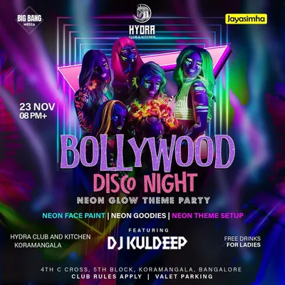 This is the official poster for our 'Bollywood Disco Night', a neon glow theme party. It shows the kind of vibrant, high-energy, and visually creative event I can put together for your venue.